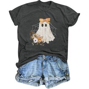 Women's Black Cotton Blend Halloween Ghost Retro Spooky Short Sleeve T Shirt